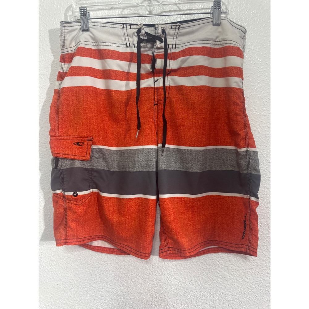 ONeill Mens Orange Grey Striped Board Shorts Swim Trunks Size 33